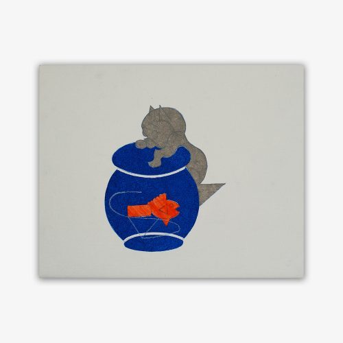 Painting by artist Jasmine Oliver titled "Jasmine Monique" featuring a blue bowl with an orange gold fish inside and grey cat poised on top of the bowl.