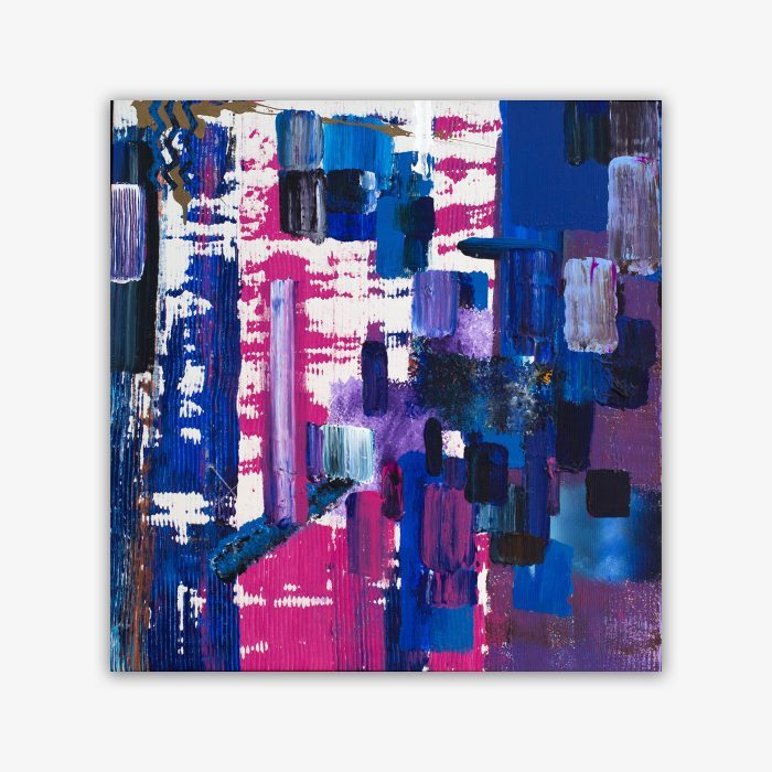 Abstract painting by artist Mike Martin titled "Laughing" featuring geometric shapes and patterns in shades of blue, pink, purple, black, and white.