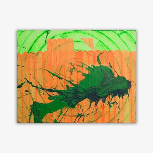 Abstract painting by artist Phil Fisher titled "JAY" featuring green and black splatter paint design on a background with both vertical and spiral patterns in bright orange and green.