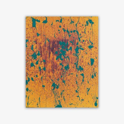 Abstract painting by artist Phil Fisher titled "Go Jets" with splatter paint design in teal blue with yellow ochre and sienna background.