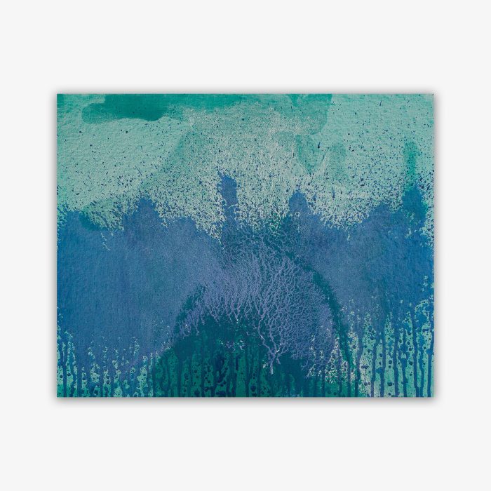 Abstract painting by artist Paul Santo titled "The Blue Side of Painting" featuring subtle shades of blue and patterns including drip and splatter paint.