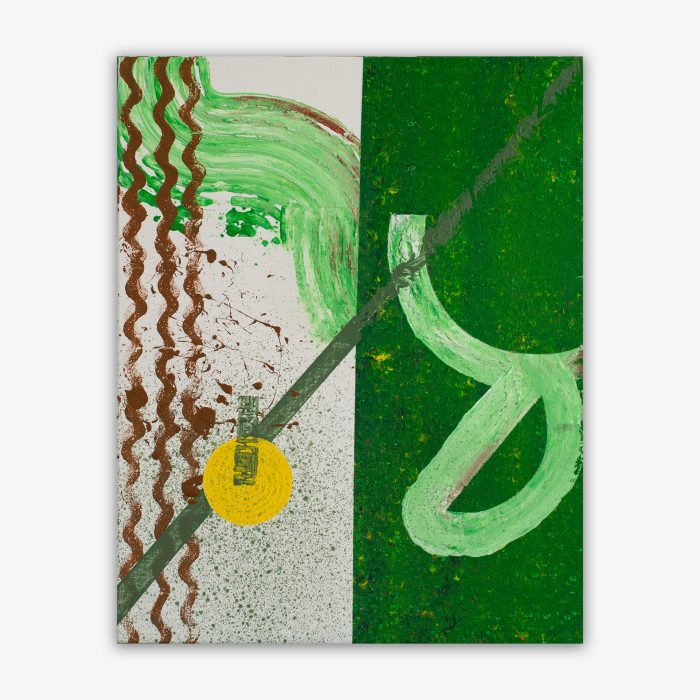 Abstract painting by artist Richard Kozlik, Jr. titled "Santa Clause Santa Hat" featuring variety of shapes and patterns in shades of green, brown, and yellow on a background that is half white and half dark green.