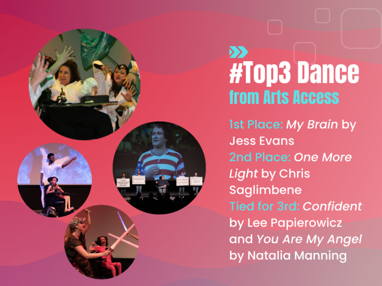 #Top3 Dance from Arts Access; 1st Place: "My Brain" by Jess Evans; 2nd Place: "One More Light" by Chris Saglimbene; Tied for 3rd: "Confident" by Lee Papierowicz and "You Are My Angel" by Natalia Manning.