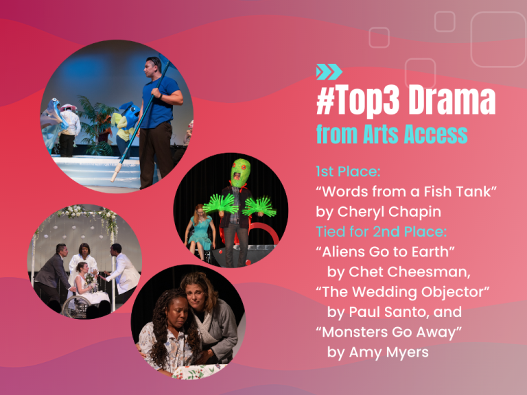 #Top3 Drama from Arts Access; 1st Place: "Words from a Fish Tank" by Cheryl Chapin; Tied for 2nd Place: "Aliens Go to Earth" by Chet Cheesman, "The Wedding Objector" by Paul Santo, and "Monsters Go Away" by Amy Myers.
