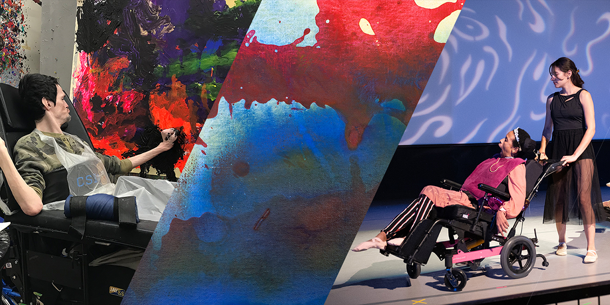 3 images spliced together of a man in a wheelchair painting, an abstract painting, and a woman in a wheelchair dancing with an able-bodied woman