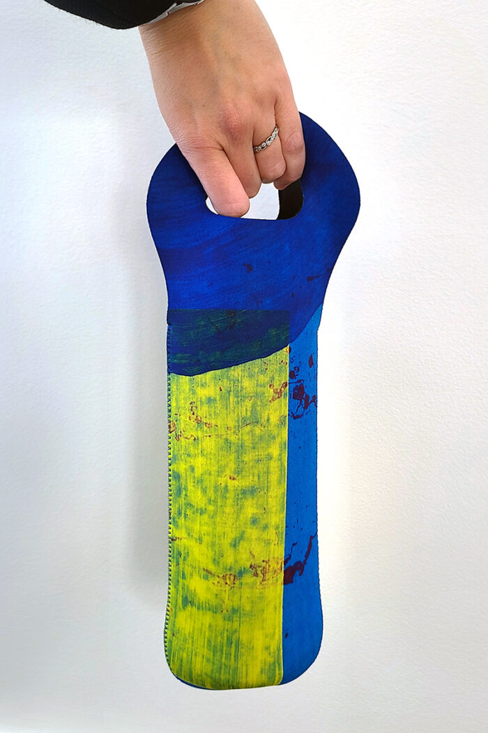 Neoprene wine tote featuring the abstract acrylic painting "Beetlejuice" by Anthony Zaccaria