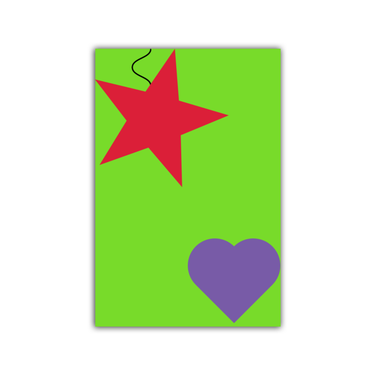 Tall green rectangle with a black wavy line under a large red star in the upper left corner and a purple heart in the lower right corner.