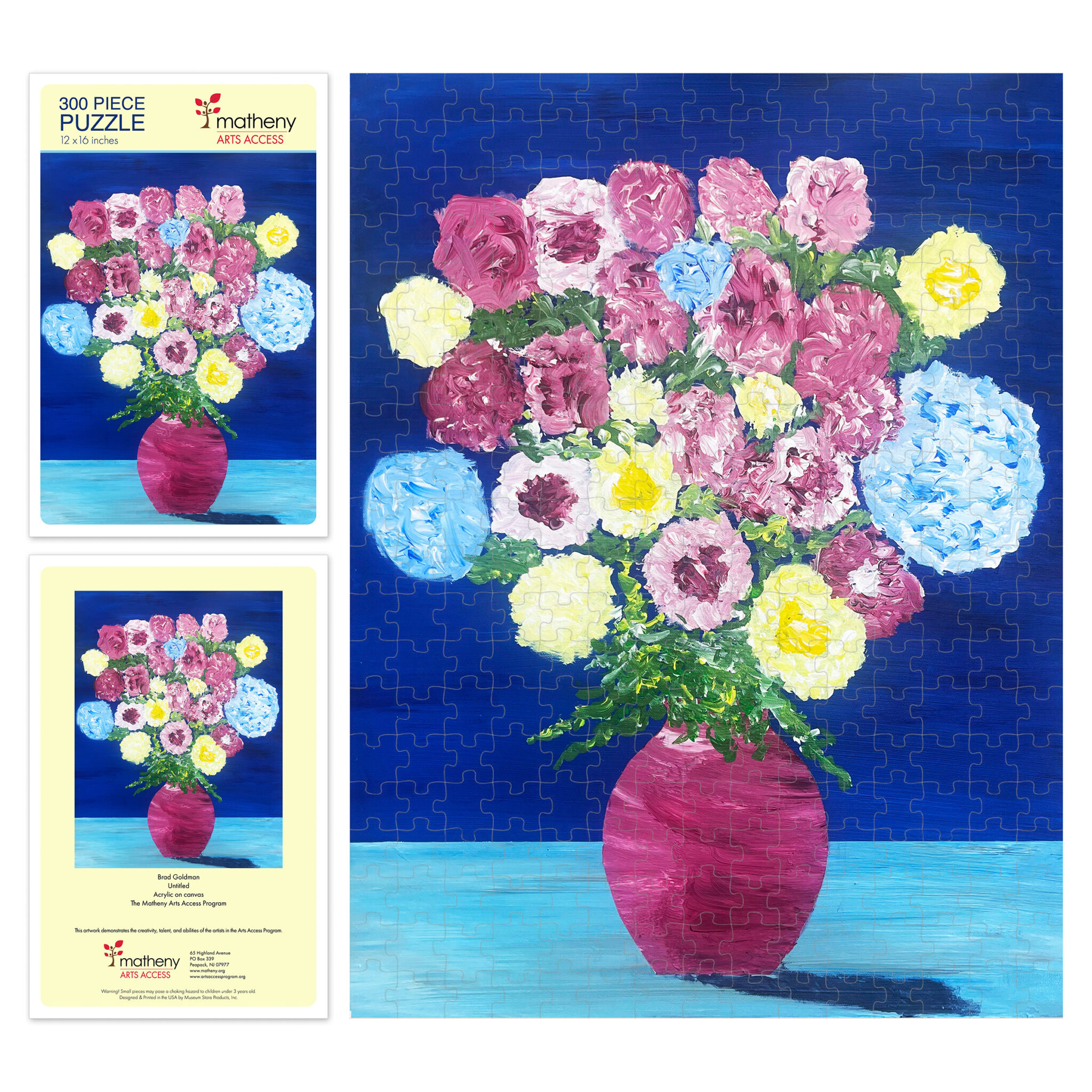 Jigsaw puzzle featuring a painting by Brad Goldman depicting a large bouquet of flowers in a red burgundy vase.