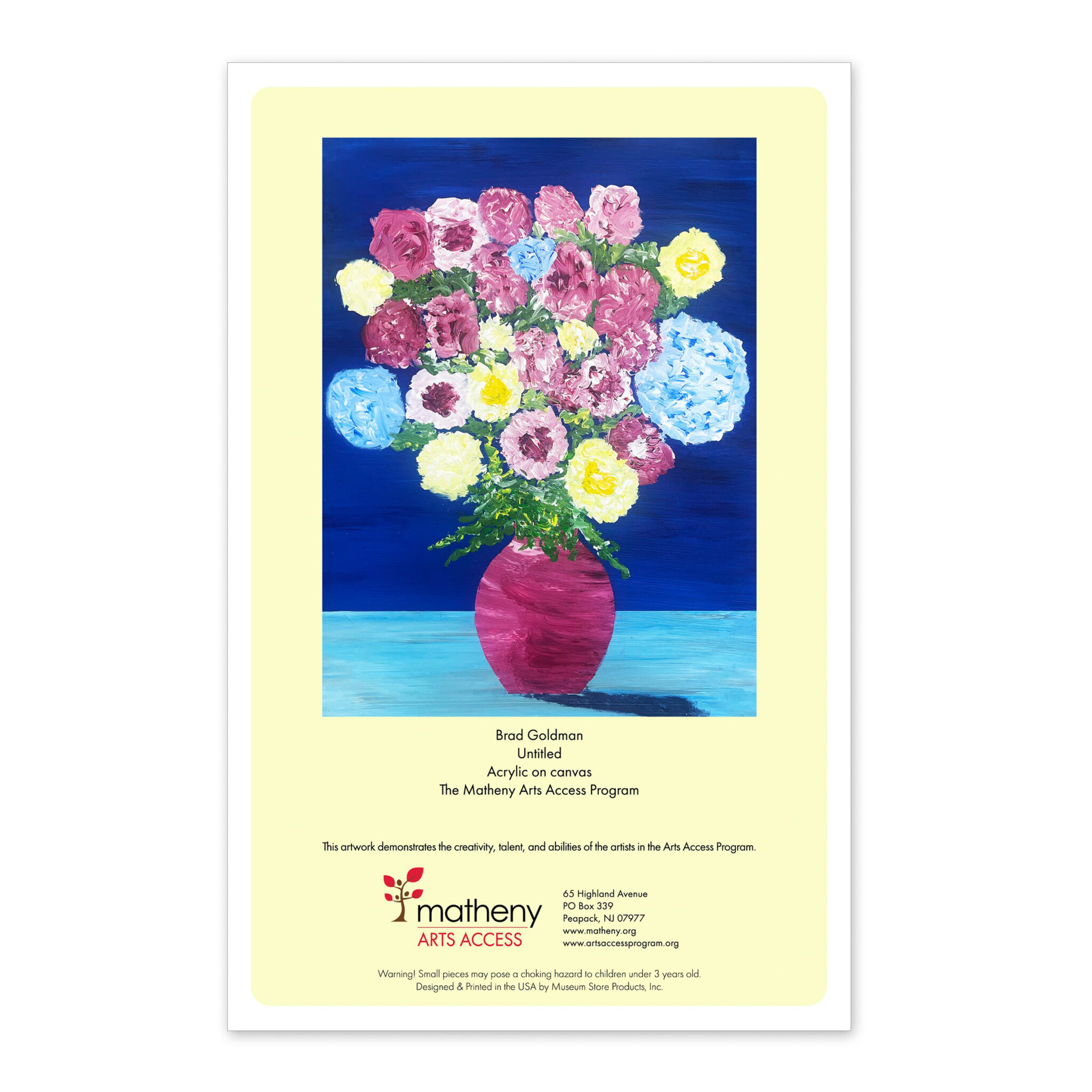 Backside of a rectangular box for a jigsaw puzzle featuring a painting by Brad Goldman depicting a large bouquet of flowers in a red burgundy vase.