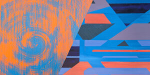 Details from two abstract paintings, side-by-side. On the left is a painting with orange and blue brushstrokes in a spiral. On the right is a painting with geometric shapes in various shades of blue and orange.