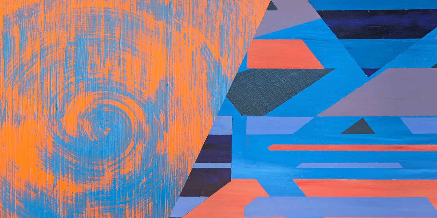Details from two abstract paintings, side-by-side. On the left is a painting with orange and blue brushstrokes in a spiral. On the right is a painting with geometric shapes in various shades of blue and orange.