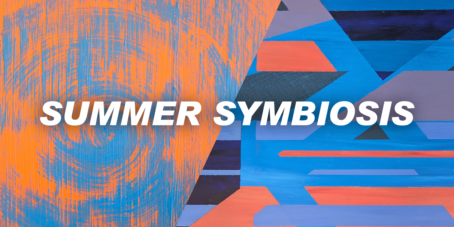 Details from two abstract paintings, side-by-side. On the left is a painting with orange and blue brushstrokes in a spiral. On the right is a painting with geometric shapes in various shades of blue and orange.