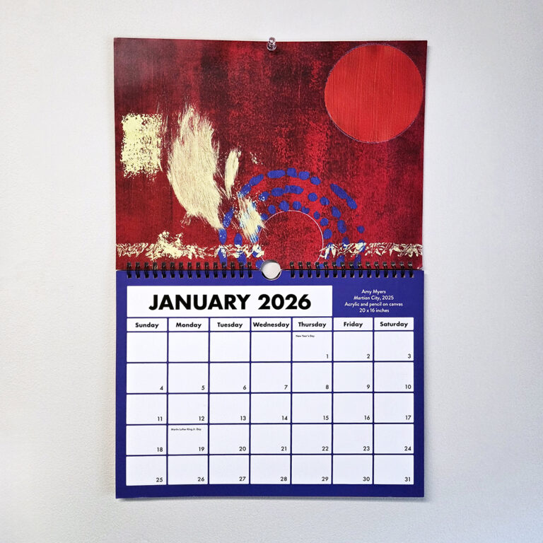 Inside the 2026 Arts Access wall calendar. The month of January, featuring artwork by Amy Myers.