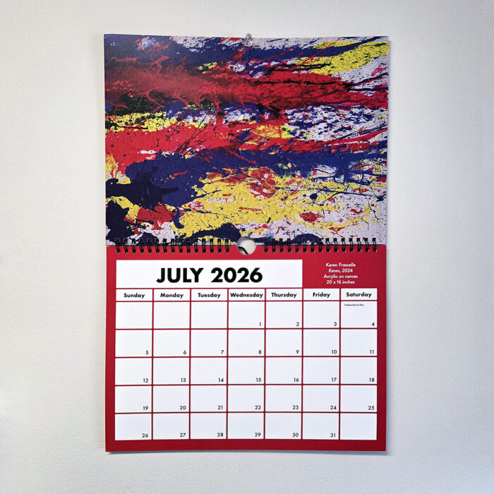 Inside the 2026 Arts Access wall calendar. The month of July, featuring artwork by Karen Frascella.