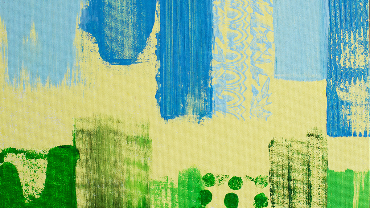 Detail from "Blue Men Marching in Green Grass," an abstract acrylic painting by Josh Handler.
