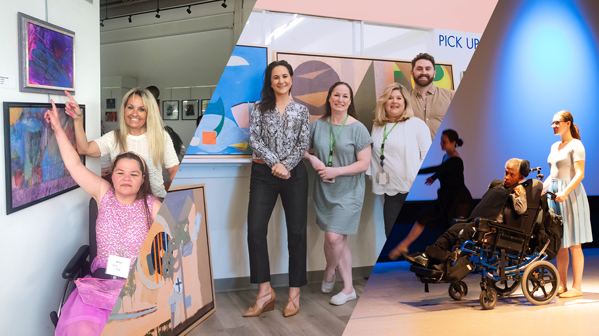 3 images spliced together of a young woman in a wheelchair and an able bodied woman pointing at a painting in a gallery, four people standing next to several large paintings, and a man in a wheelchair dancing with two able-bodied women.