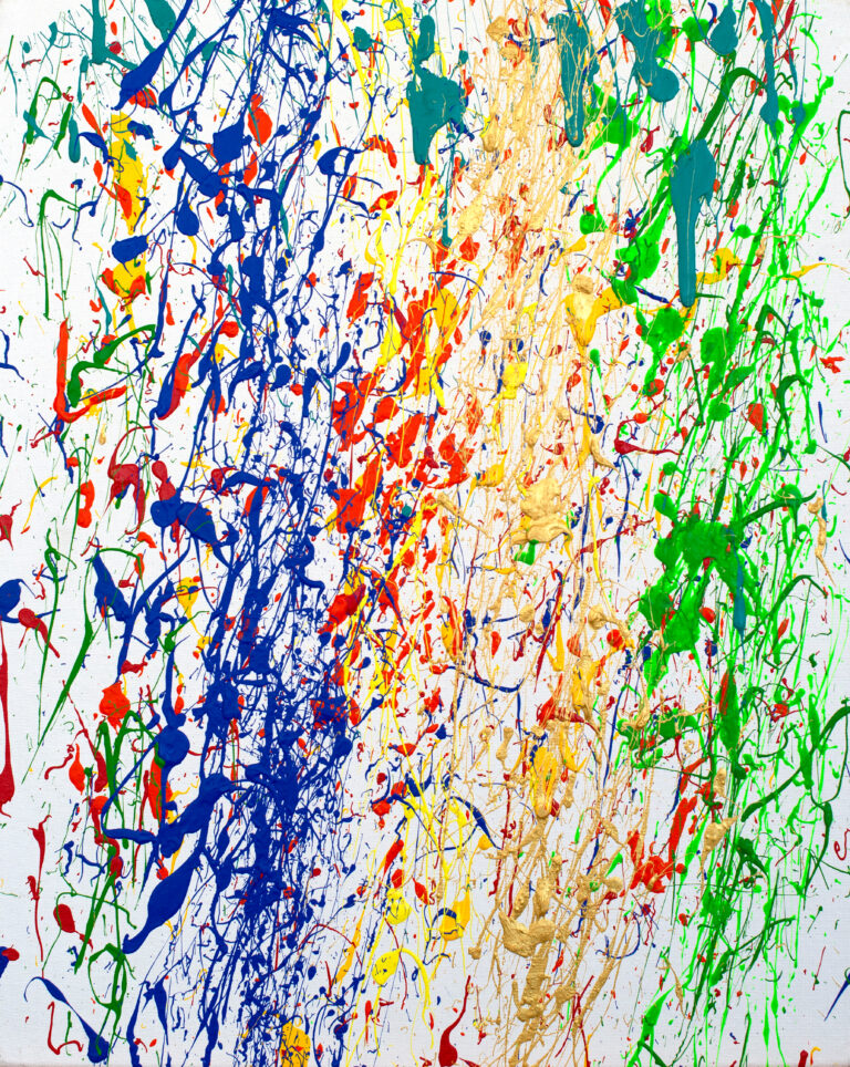 Abstract painting by artist Cheryl Chapin titled "Extreme Finger Flicking" with all-over splatter paint design in shades of blue, red, yellow, and green on a white background.