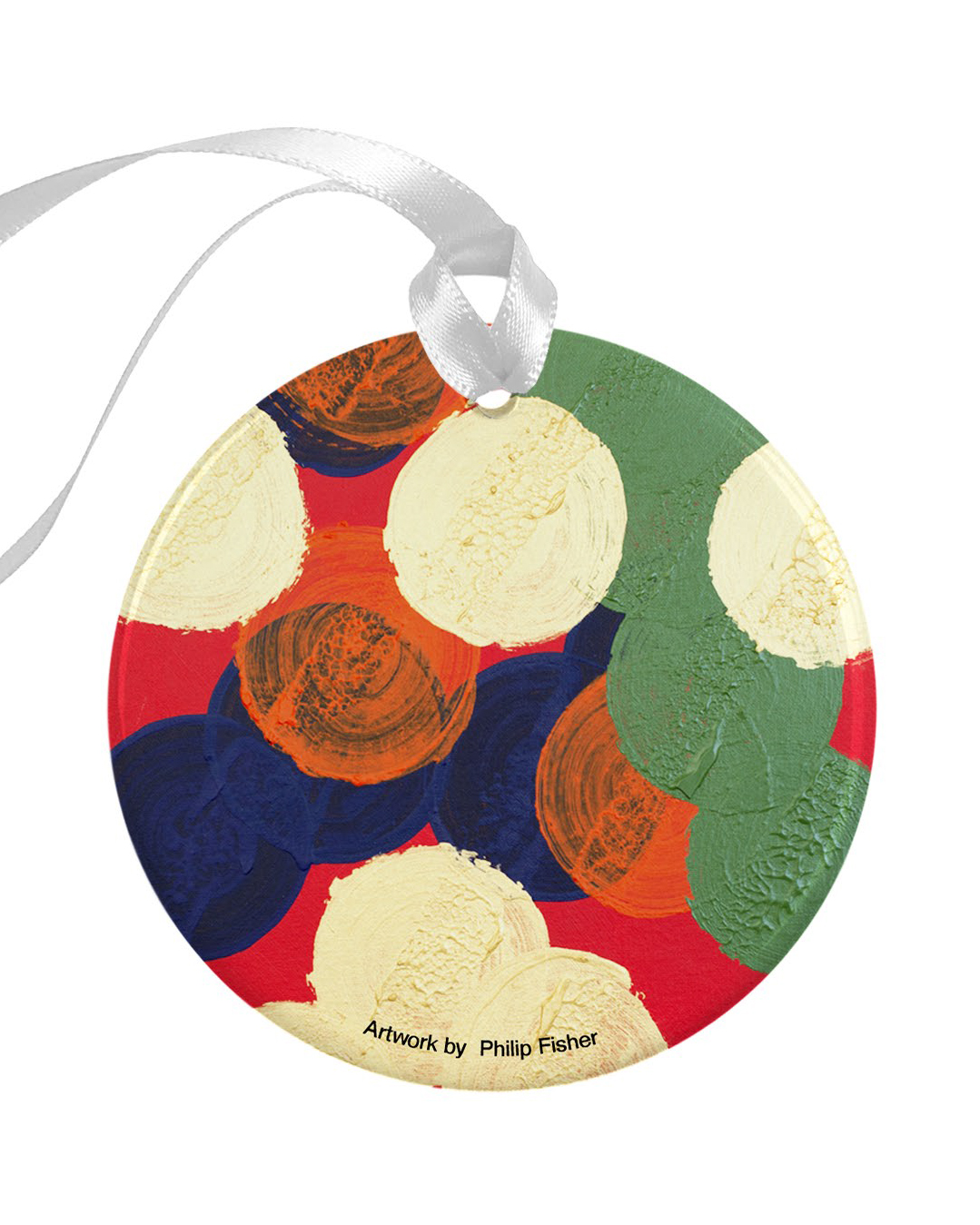 Round porcelain ornament featuring colorful abstract artwork by Phil Fisher.