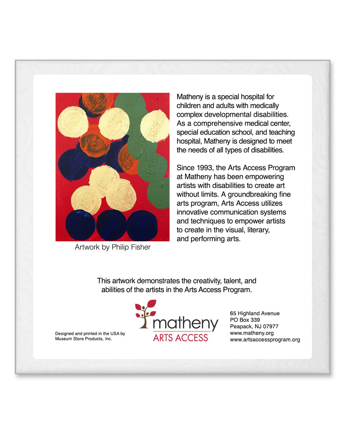 Back side of the box for the round porcelain ornament featuring colorful abstract artwork by Phil Fisher.