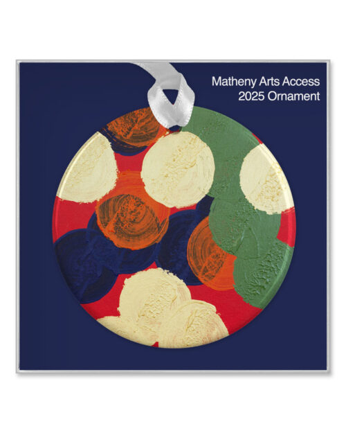 Round porcelain ornament featuring colorful abstract artwork by Phil Fisher.