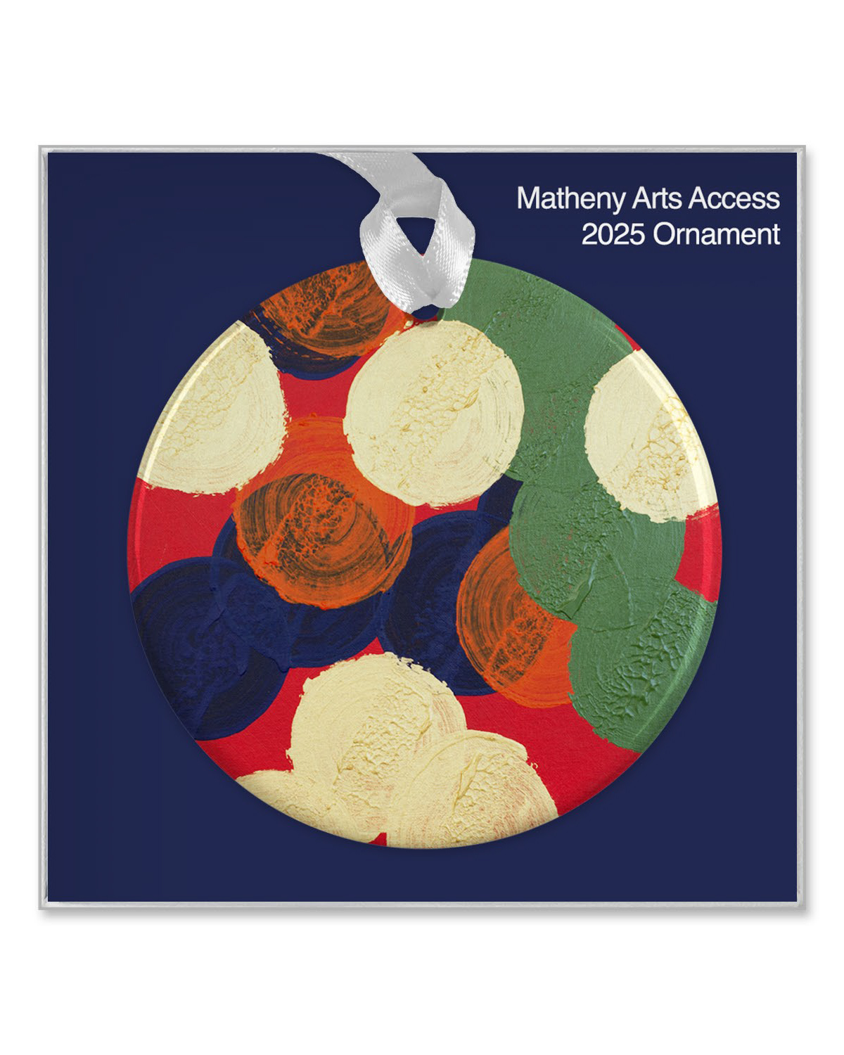 Round porcelain ornament featuring colorful abstract artwork by Phil Fisher.