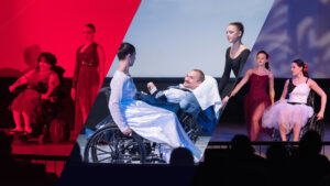 Collaged image of able bodied dancers and dancers with wheelchairs.