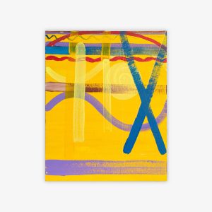 Abstract painting by artist Donald McCready with blue, red, and purple shapes on a vibrant yellow background.